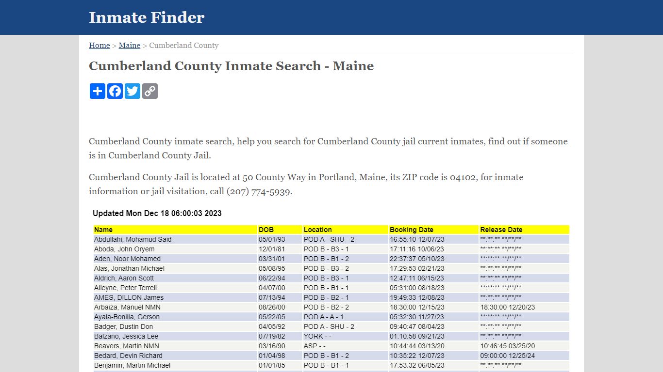 Cumberland County Inmate Search - Maine - Inmate Finder